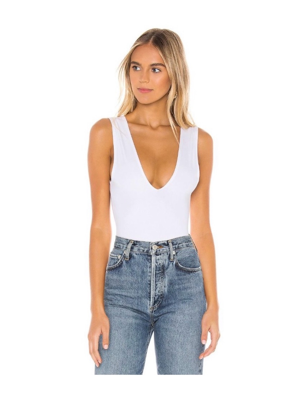 Free People Keep It Sleek White Deep V Sleeveless Bodysuit Size XS